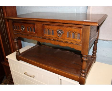 Old Charm oak coffee table: with double ended drawers and shelf below, 92cm long x 57cm deep x 42cm high. 