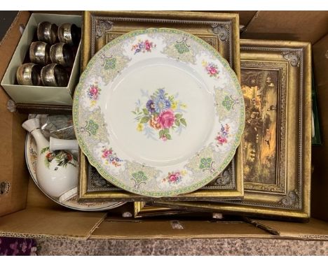 A mixed collection of items to include: Wedgwood Vases &amp; Calender Plates, Cased Cutlery, Brass Candlesticks &amp; two fra