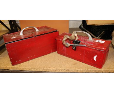 Vintage Massey Ferguson tool box: 29cm x 11cm x 10cm, with similar, both contain some vintage tools. 