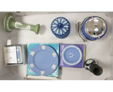 A mixed collection of Wedgwood Jasper ware to include: Green Candlestick, Dip Blue Lidded pots, Black Basalt vase etc 