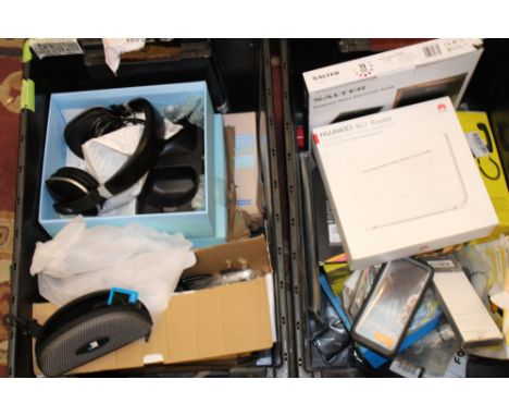 A collection of Amazon returned items including: Huawei 4g router, electric scales, phone cases etc (2 trays). 