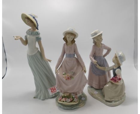 Nao figure of a girl with a butterfly: together with two girls talking and a lladro figure of a girl with flowers ( damage an