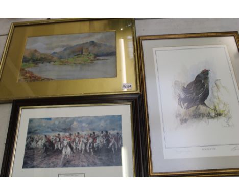 Early 20th century Scottish loch scene watercolour: together with a Ben Maile framed 'Blackcock' print and a 'Scotland For Ev