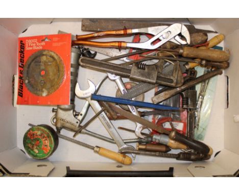 A collection of vintage tools: including pipe grips, files, wrenches etc (1 tray). 