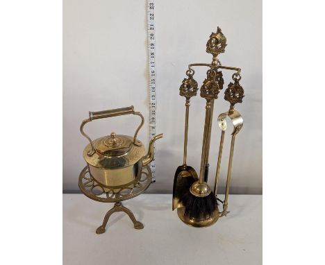 A brass fire side compendium with brass trivet and kettle, shipping unavailable