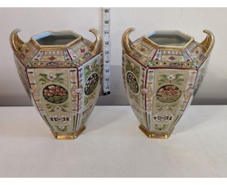 Two hand painted Noritake vases with gilt decoration H21cm, shipping unavailable