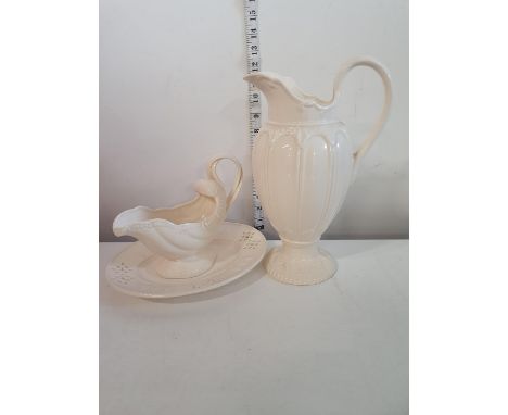 A Royal Creamware Ewer H28cm with gravy boat, shipping unavailable