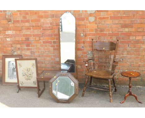 A Wulfers oak spindle back chair, together with a wine table, oak framed cheval mirror, glass top occasional table, embroider