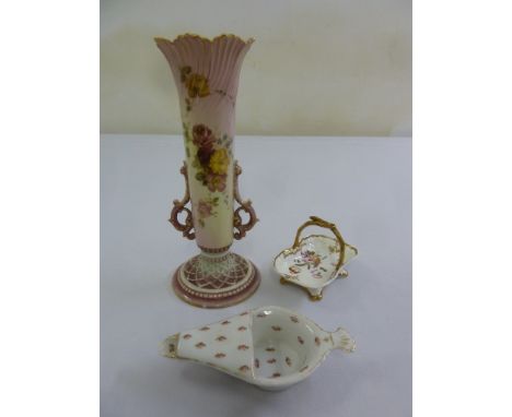 A Royal Worcester porcelain vase decorated with pink hues and marked to the base, and two hand-painted dishes