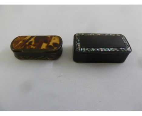 A tortoiseshell snuff box and a papier mache snuff box with Mother of Pearl inlay