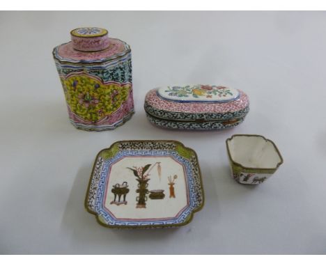 A 19th century Chinese enamel tea caddy, a covered box, a pin tray and a miniature bowl
