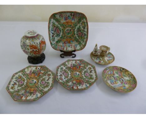 A quantity of Chinese famile verte porcelain to include plates, a ginger jar and a chamber stick A/F  (6)