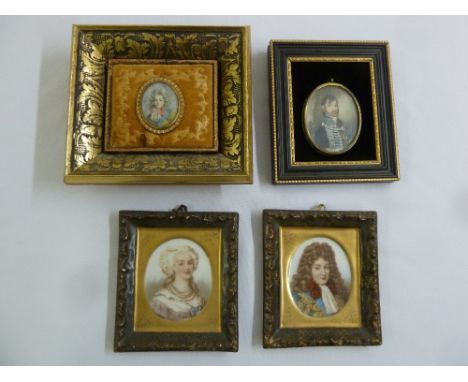 Two hand painted miniatures of gentlemen and two ceramic hand painted wall plaques