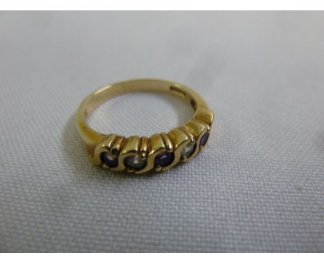 A 9ct yellow gold amethyst and diamond five stone ring, approx total weight 2.2g