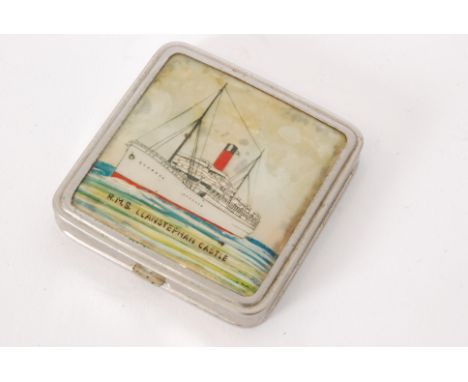 A vintage Stratnoid lady's powder compact decorated to the cover with a scene of R.M.S Llanstephan Castle against a pearloid