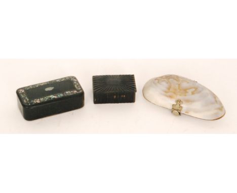  An early 19th Century papier mache snuff box with abalone shell inlaid detail, width 7.5cm, together with a smaller pressed 