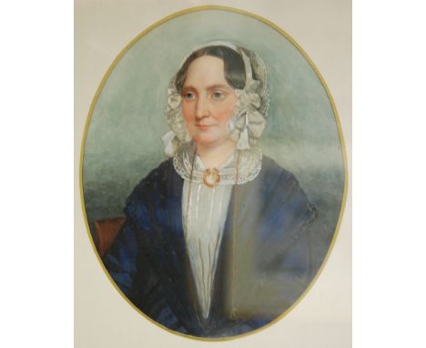  G. SPENCE (EARLY 19TH CENTURY) - Portrait of a lady wearing a blue coat and bonnet, half length, watercolour, oval, framed, 