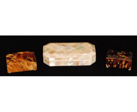  Two 19th Century tortoiseshell trinket boxes of rectangular form, width 7.5cm and 6.5cm, some damage and later repairs, toge
