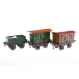 3 Güterwagen, Spur 1, tw Bing, uralt, HL und CL, tw nachlackiert, L 14, Z 3