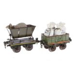 2 Märklin Spur 1-Wagen, Kipplore und offener Güterwagen mit Kohlesäcken, Alterungs- und