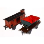 2 Märklin Güterwagen, Spur 1, HL, 1 Aufnahme von Kipplore und 1 Puffer vom Gepäckwagen fehlen, L 20,