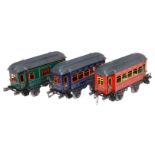 3 Bing Spur 1-Wagen, uralt, CL, tw mit Innenbeleuchtung und Schlusslicht, Alterungs- und