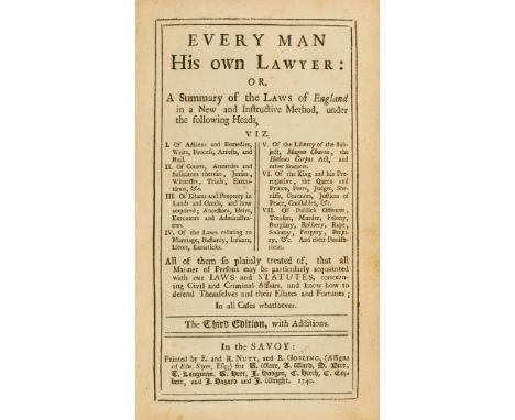 NO RESERVE Giles (Jacob) Every Man His Own Lawyer, third edition, contemporary ownership signature to endpapers, title lightl