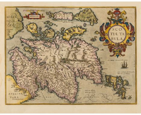 Scotland.- Ortelius (Abraham) Scotiae Tabula, map of Scotland, oriented with north to the right, with large strap-work title 