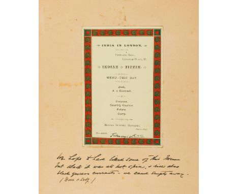 Menu.- India in London. Portland Hall, Langham Place, W.  Indian Tiffin, colour printed menu, laid down on card with manuscri