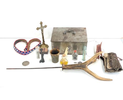 Vintage pagan occult  magic spell making outfit contained in double locking steel box complete with witches athame  etc 