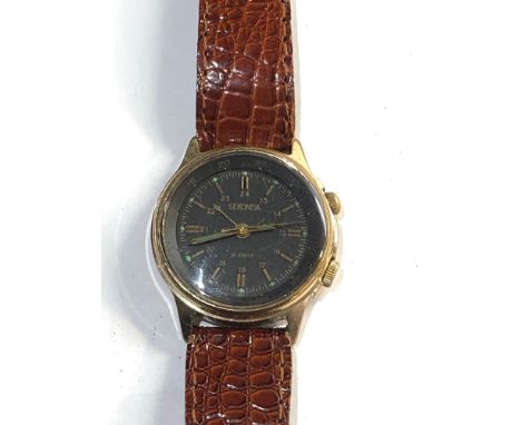 Vintage sekonda alarm gents wristwatch 18 Jewels military style black dial Swiss winds and ticks but no warranty given 