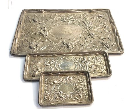 3 art nouveau graduated size trinket trays london silver hallmarks largest tray measures approx 30cm by 23cm total weight 450