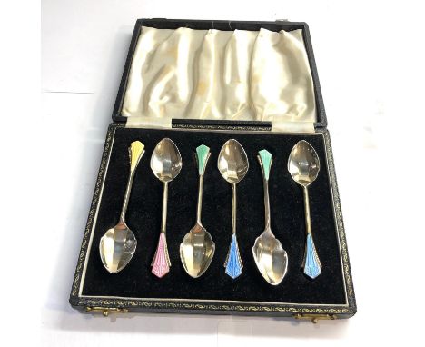 Boxed set of 6 silver and enamel tea spoons 