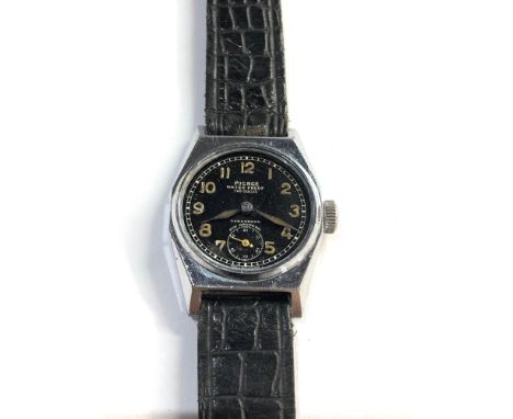 Vintage pierce military style black dial wristwatch stailless steel case No51096 the watch wins and ticks missing glass no wa
