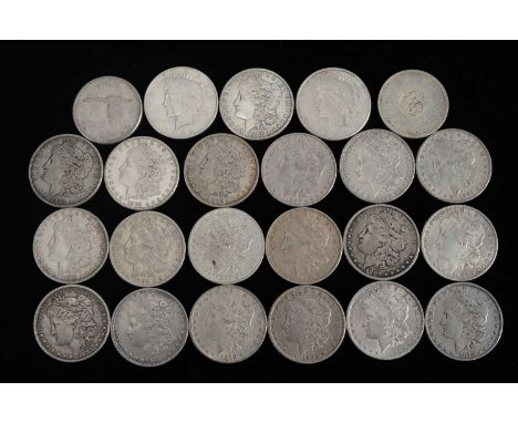 A collection of nineteen United states silver Morgan dollars, various dates and various conditions, along with two United Sta