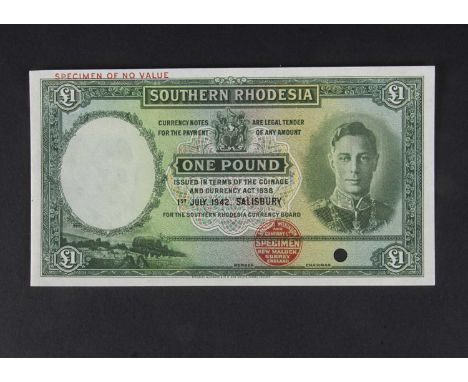 Specimen Bank Note: Southern Rhodesia specimen 1 Pound,  dated 1942, no signature, no serial number, red BRADBURY WILKINSON S