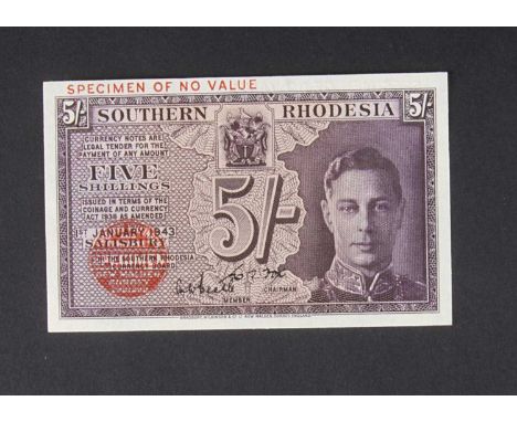 Specimen Bank Note: Southern Rhodesia specimen 5 Shillings,  dated 1943, two signatures, no serial number, red BRADBURY WILKI