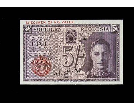 Specimen Bank Note: Southern Rhodesia specimen 5 Shillings, dated 1943, two signatures, no serial number, red BRADBURY WILKIN