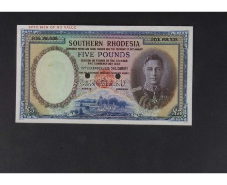 Specimen Bank Note: Southern Rhodesia specimen 5 Pounds,  dated 1939, no signature, no serial number, red BRADBURY WILKINSON 
