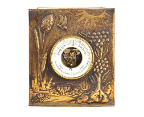 EMBOSSED BRASS BAROMETER WITH CIRCULAR DIALHEIGHT: 9.5 INCHES WIDTH: 8 INCHES GOOD CONDITION