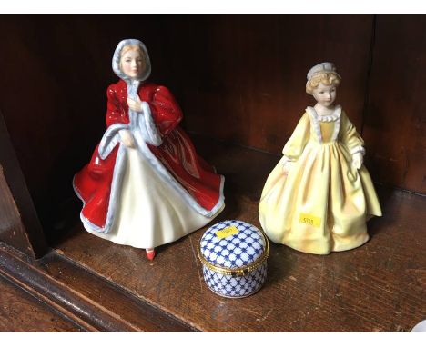 Two Royal Doulton figures and an enamel pot