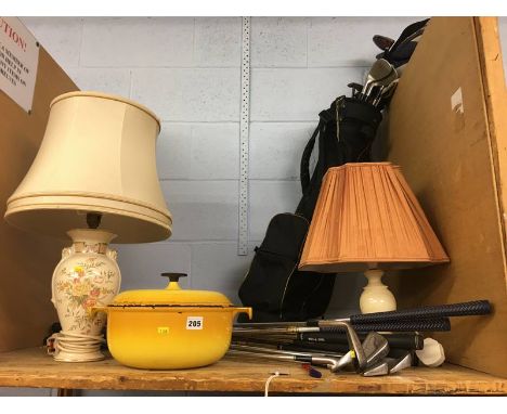 Table lamp, golf clubs etc.