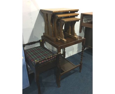 Piano stool, oak occasional table and a nest of tables