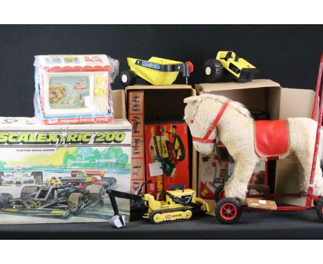 Quantity of toys and games to include boxed Scalextric 200 Electric Model Racing set, Dean's Rag Book push along horse, Tonka