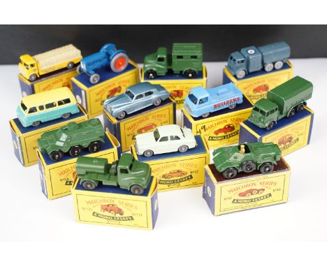 12 Boxed Matchbox Series Moko Lesney diecast models to include 71 Army Water Truck, 73 RAF Pressure Refueller, 57 Wolseley 15