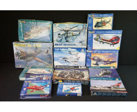 13 Boxed plastic model kits to include 8 x Revell kits (sealed 1/48 Ventura MK. II RAF, 1/700 H.M.S Invincible, sealed BAe Ha
