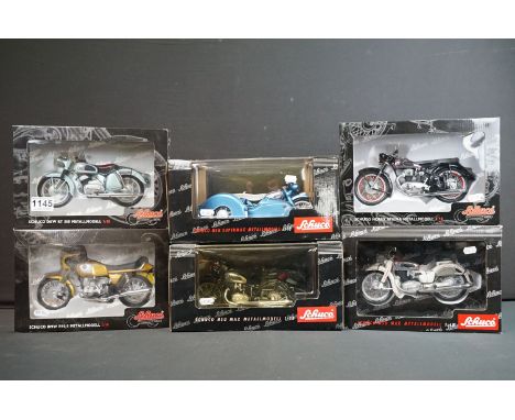 Six boxed 1/10 scale Schuco diecast model motorcycles to include NSU Supermax Motorrad Mit Beiwagen, Baujahr 1956-1963, NSU M