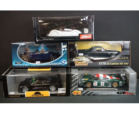 Five boxed 1/18 scale diecast models to include Schuco Classic Studio VI Auto Union No. 06030, Maisto GT Racing Porsche 911 G