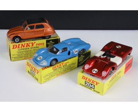 Three boxed French Dinky With Speedwheels diecast models to include 149 Citroen Dyane in metallic orange and black vinyl roof