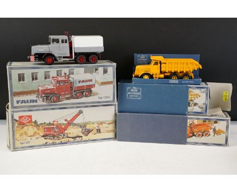 Four boxed NZG construction diecast models to include No. 440 O&amp;K Typ L651 crane in red, No. 409 Kaelble Typ KDV 22 E 8 d